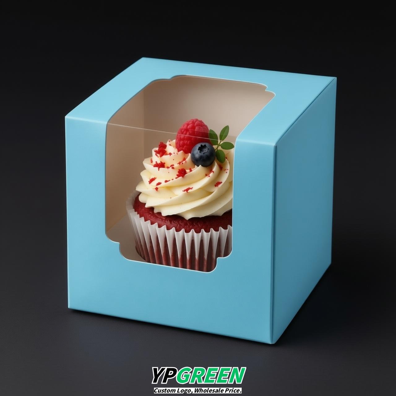 Sky Blue Individual 3.5 inches Square Paper Cupcake Box Containers with Windows & Inserts