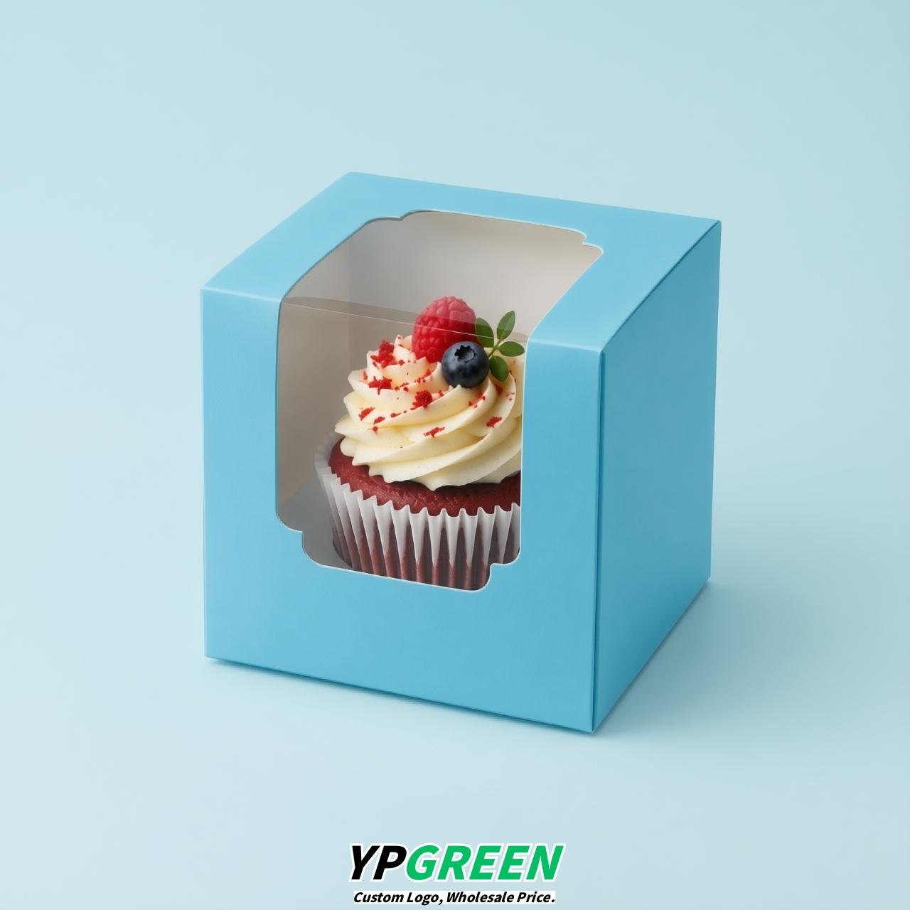 Sky Blue Individual 3.5 inches Square Paper Cupcake Box Containers with Windows & Inserts