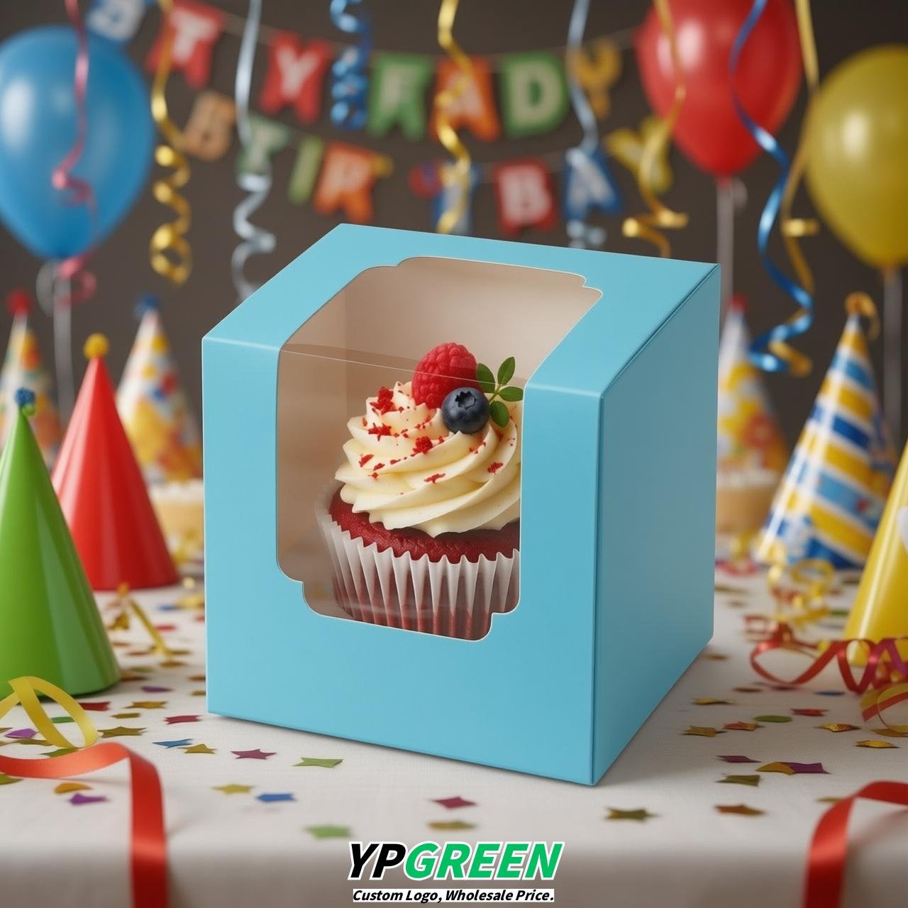 Sky Blue Individual 3.5 inches Square Paper Cupcake Box Containers with Windows & Inserts Sky Blue Individual 3.5 inches Square Paper Cupcake Box Containers with Windows & Inserts
