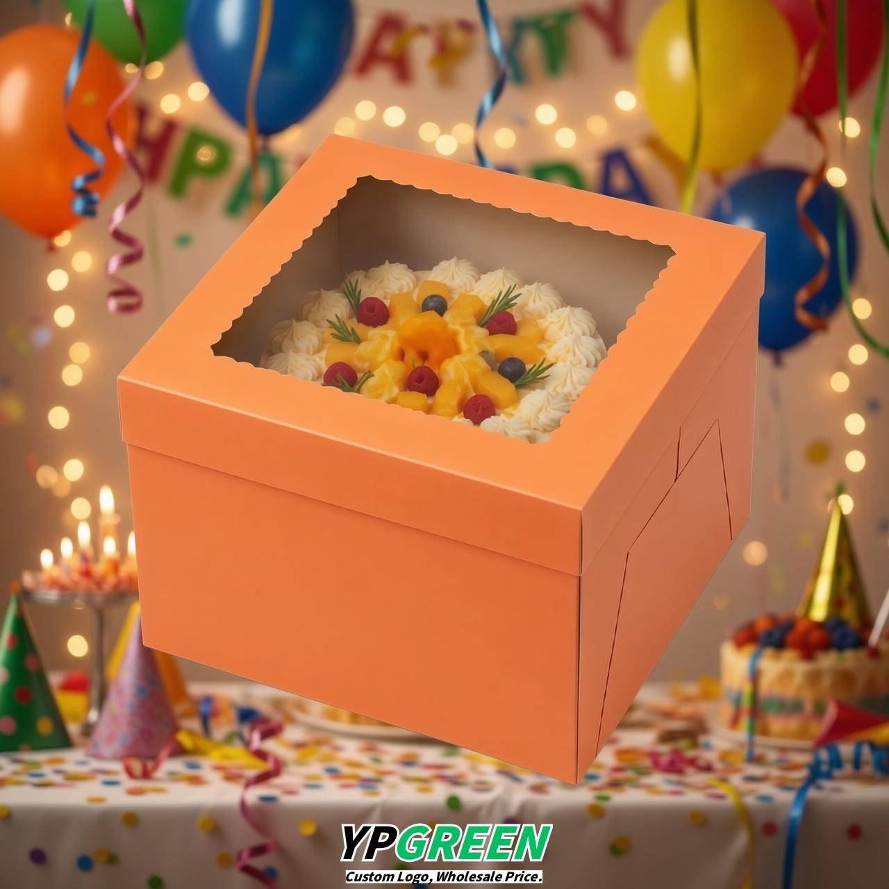 Tangerine 10 & 12 inches Tall Cake Box with Window - Square Cardboard Cake Box