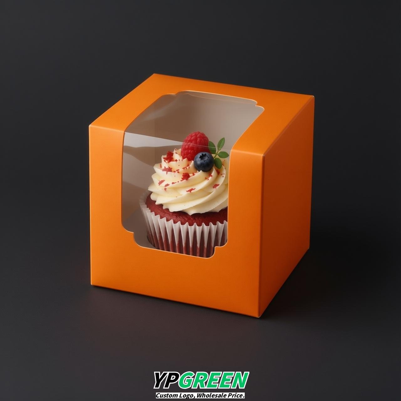 Tangerine Individual 3.5 inches Square Paper Cupcake Box Containers with Windows & Inserts