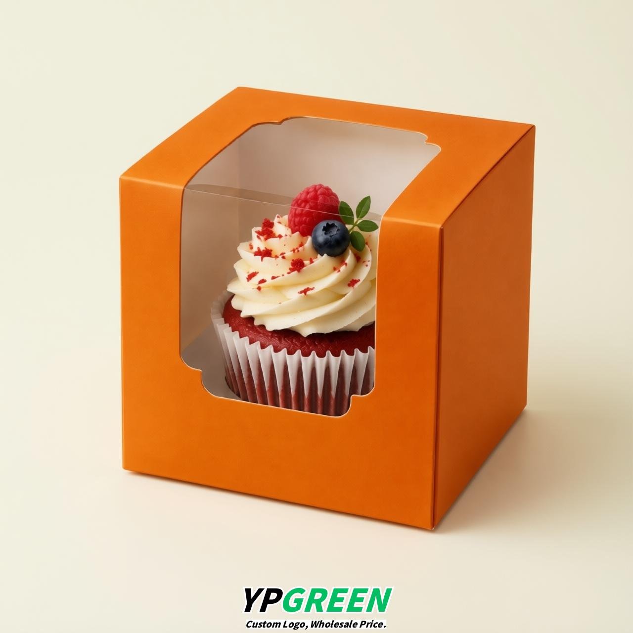 Tangerine Individual 3.5 inches Square Paper Cupcake Box Containers with Windows & Inserts