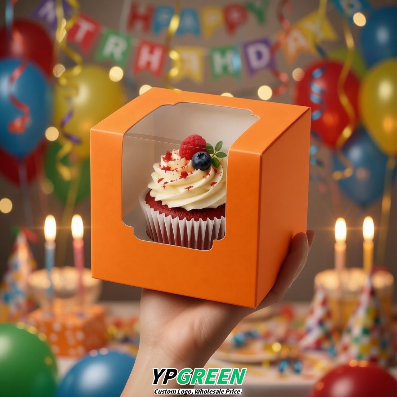 Tangerine Individual 3.5 inches Square Paper Cupcake Box Containers with Windows & Inserts