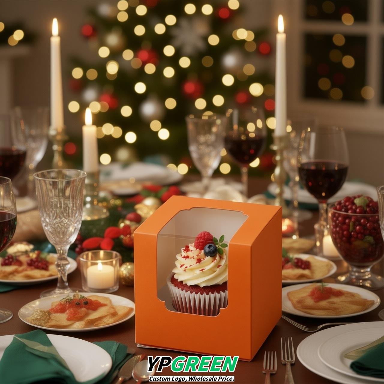 Tangerine Individual 3.5 inches Square Paper Cupcake Box Containers with Windows & Inserts