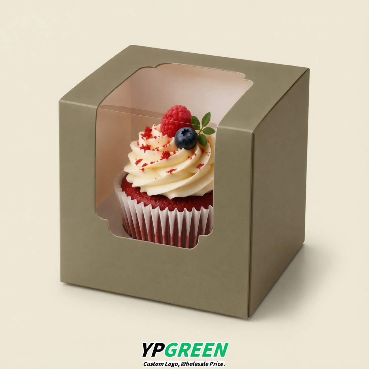 Taupe Individual 3.5 inches Square Paper Cupcake Box Containers with Windows & Inserts