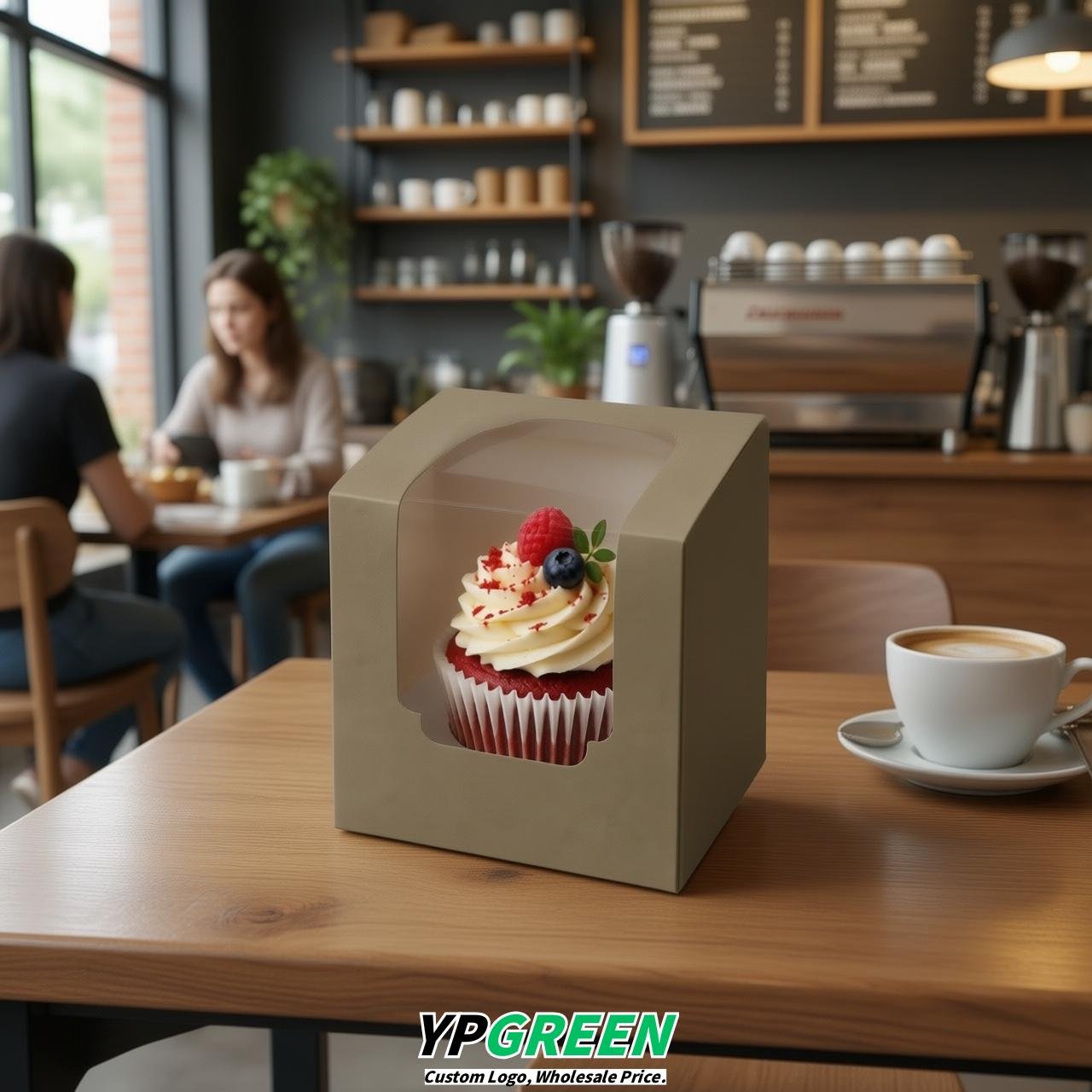 Taupe Individual 3.5 inches Square Paper Cupcake Box Containers with Windows & Inserts