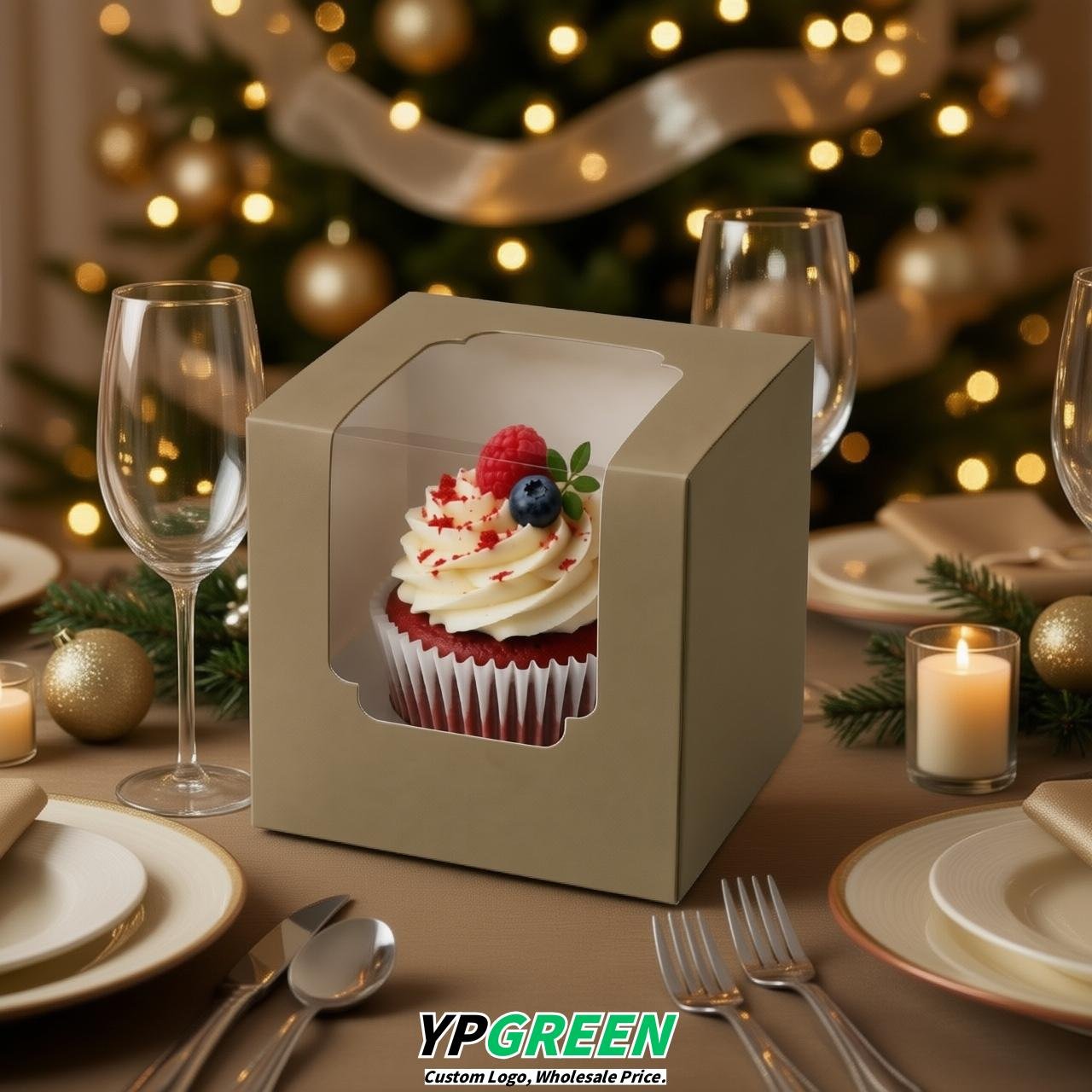 Taupe Individual 3.5 inches Square Paper Cupcake Box Containers with Windows & Inserts