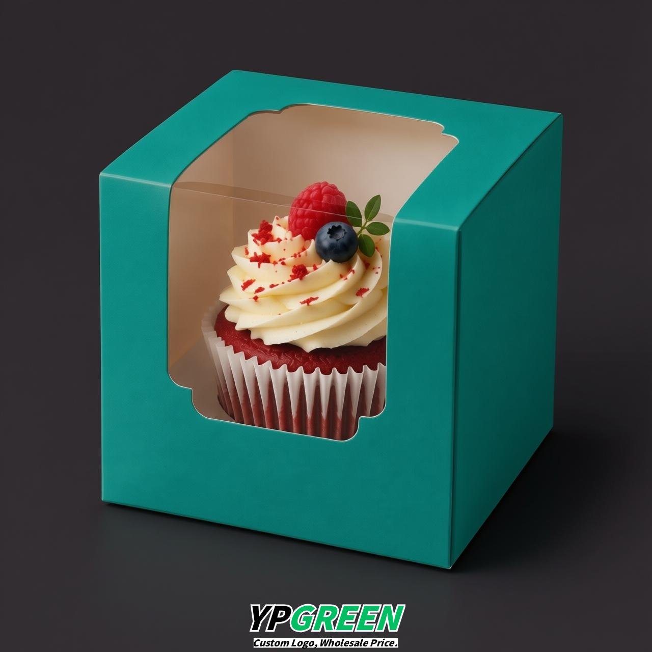 Teal Individual 3.5 inches Square Paper Cupcake Box Containers with Windows & Inserts