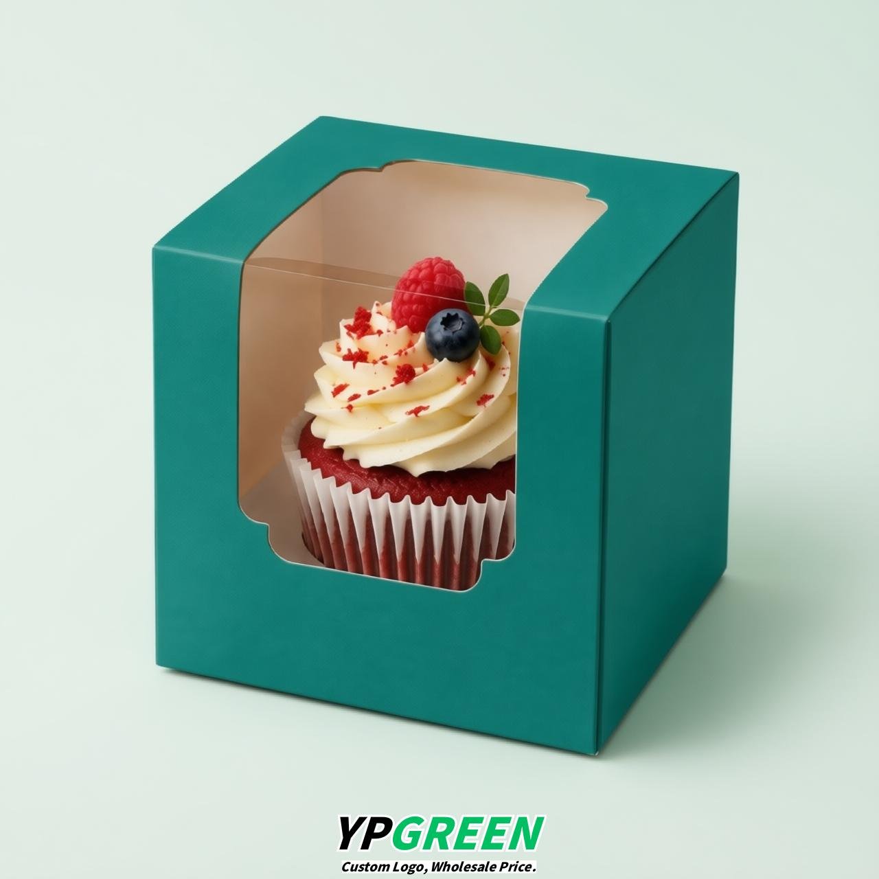 Teal Individual 3.5 inches Square Paper Cupcake Box Containers with Windows & Inserts
