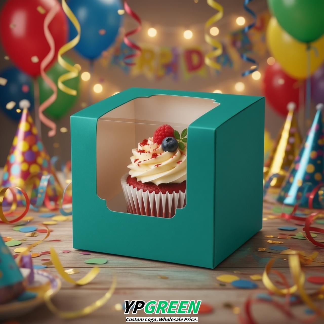 Teal Individual 3.5 inches Square Paper Cupcake Box Containers with Windows & Inserts