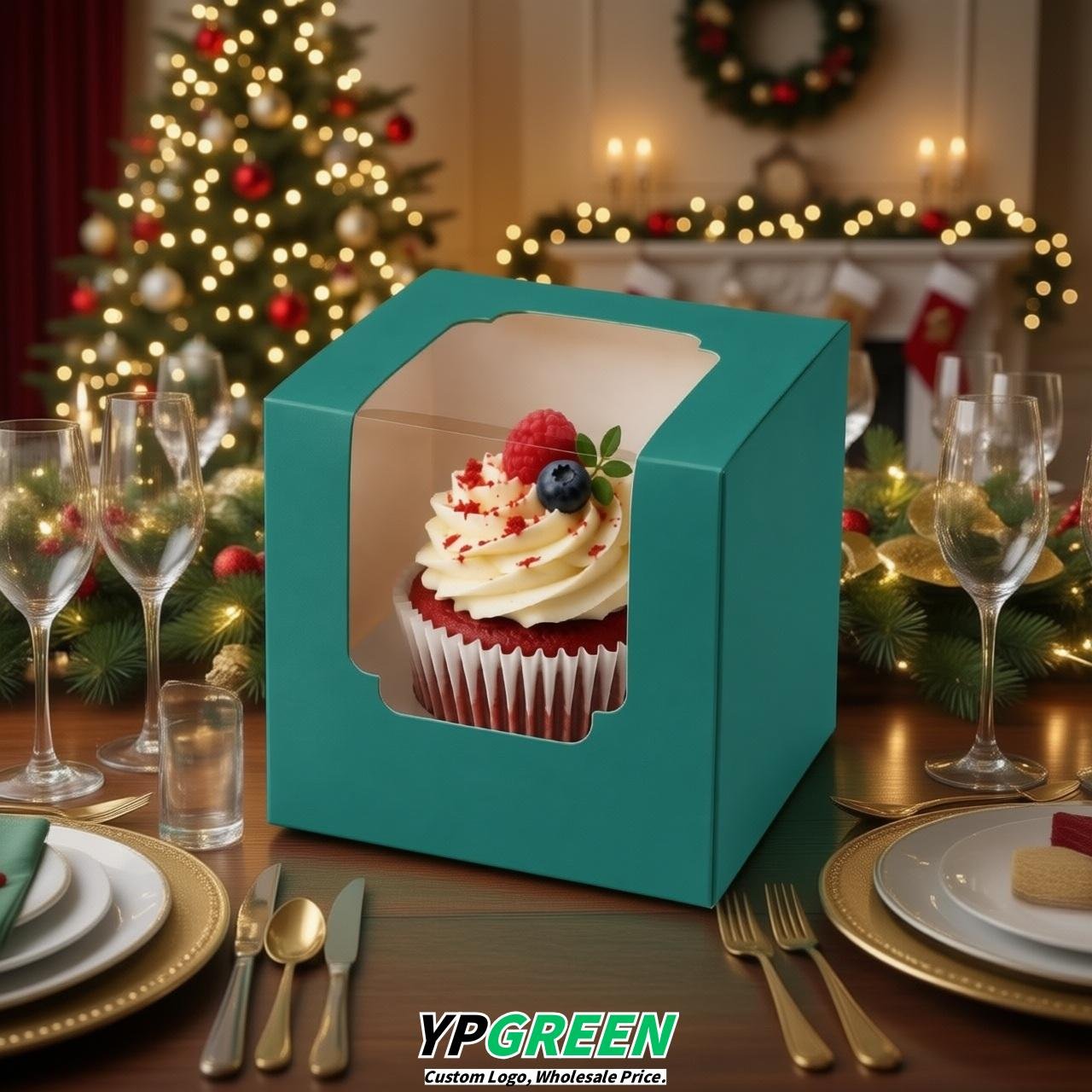 Teal Individual 3.5 inches Square Paper Cupcake Box Containers with Windows & Inserts