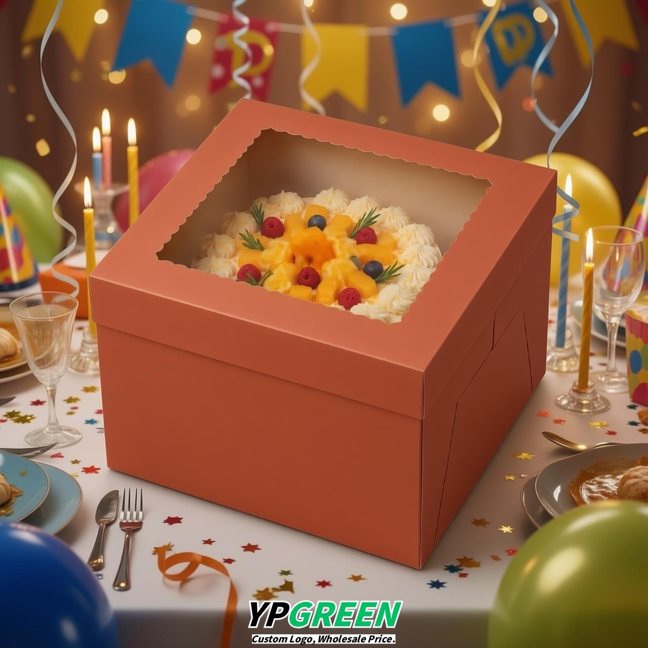 Terracotta 10 & 12 inches Tall Cake Box with Window - Square Cardboard Cake Box