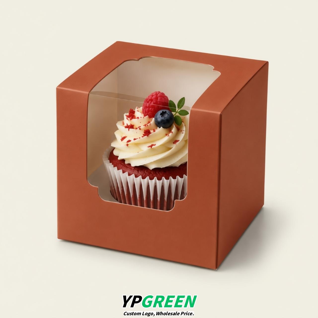 Terracotta Individual 3.5 inches Square Paper Cupcake Box Containers with Windows & Inserts
