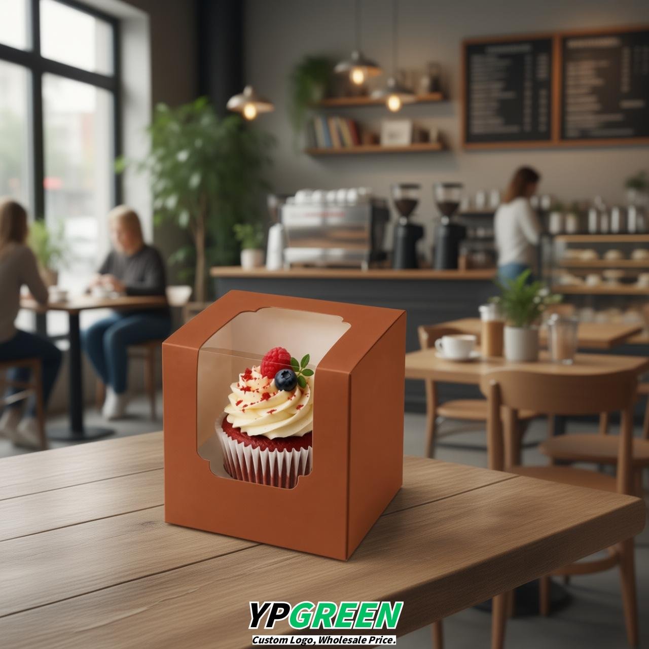 Terracotta Individual 3.5 inches Square Paper Cupcake Box Containers with Windows & Inserts