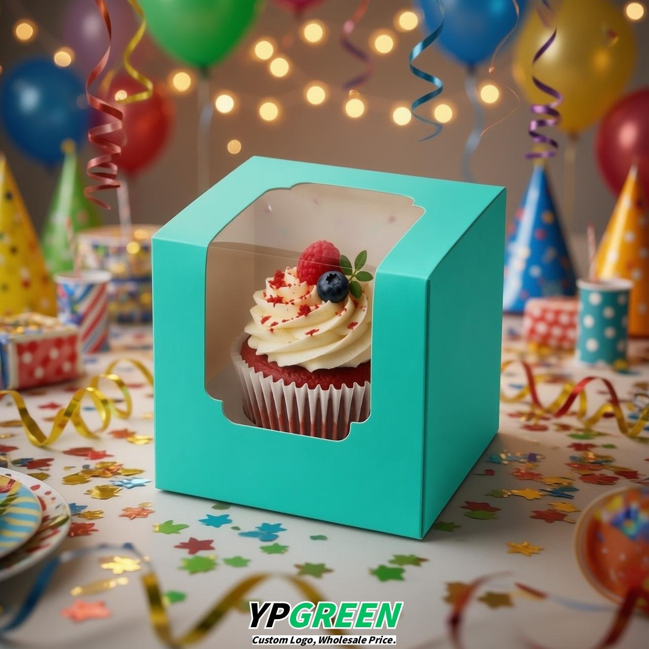 Turquoise Individual 3.5 inches Square Paper Cupcake Box Containers with Windows & Inserts Turquoise Individual 3.5 inches Square Paper Cupcake Box Containers with Windows & Inserts