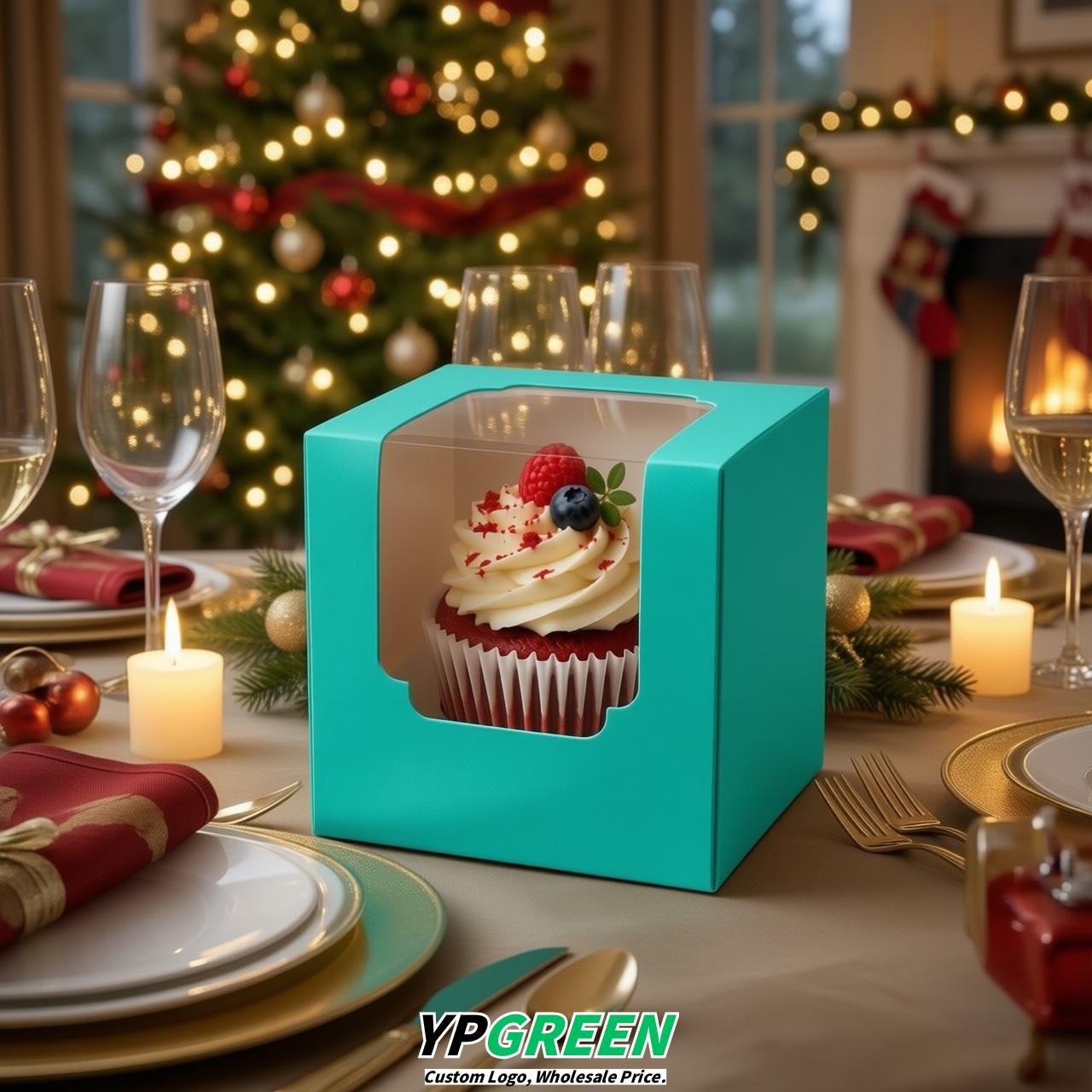 Turquoise Individual 3.5 inches Square Paper Cupcake Box Containers with Windows & Inserts