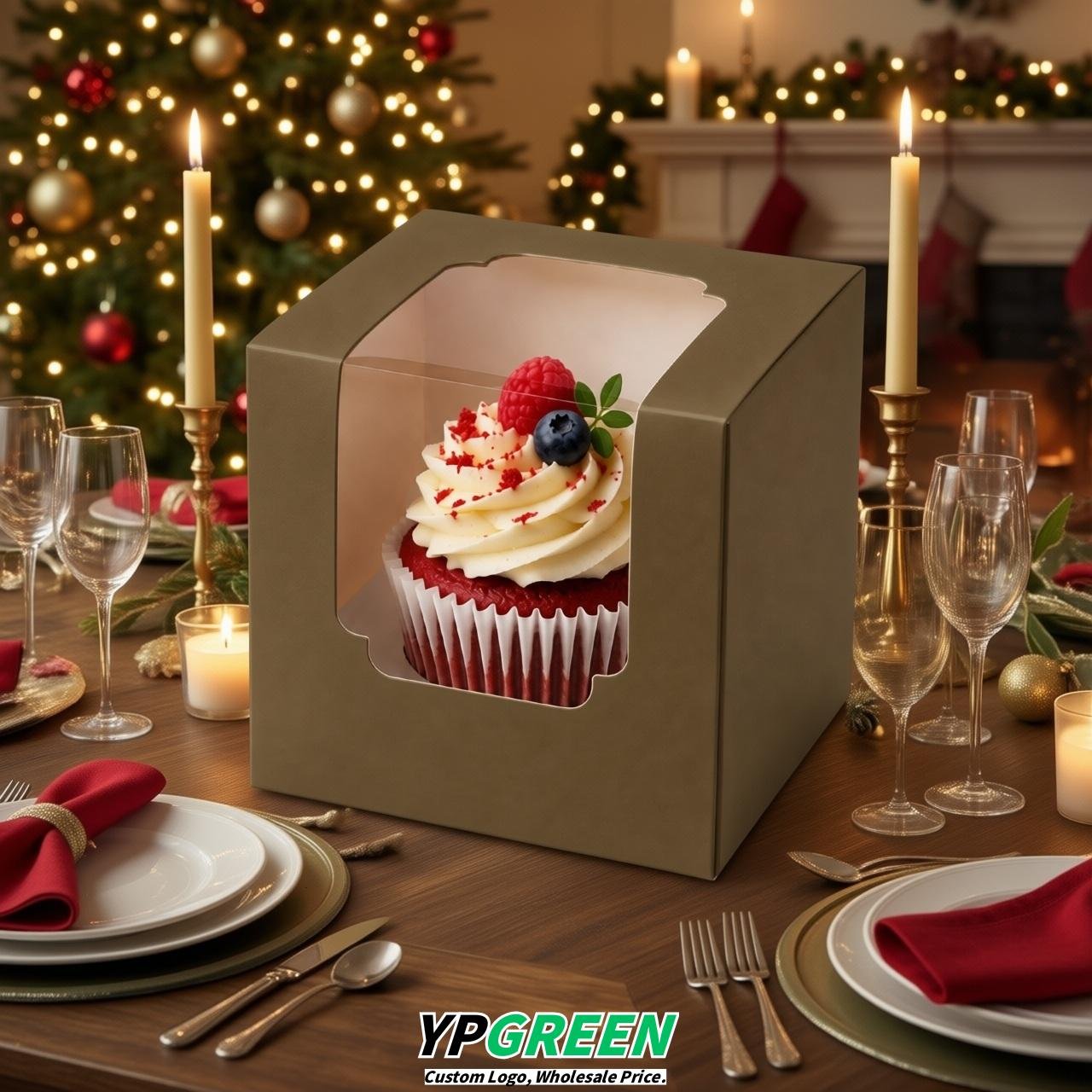 Umber Individual 3.5 inches Square Paper Cupcake Box Containers with Windows & Inserts
