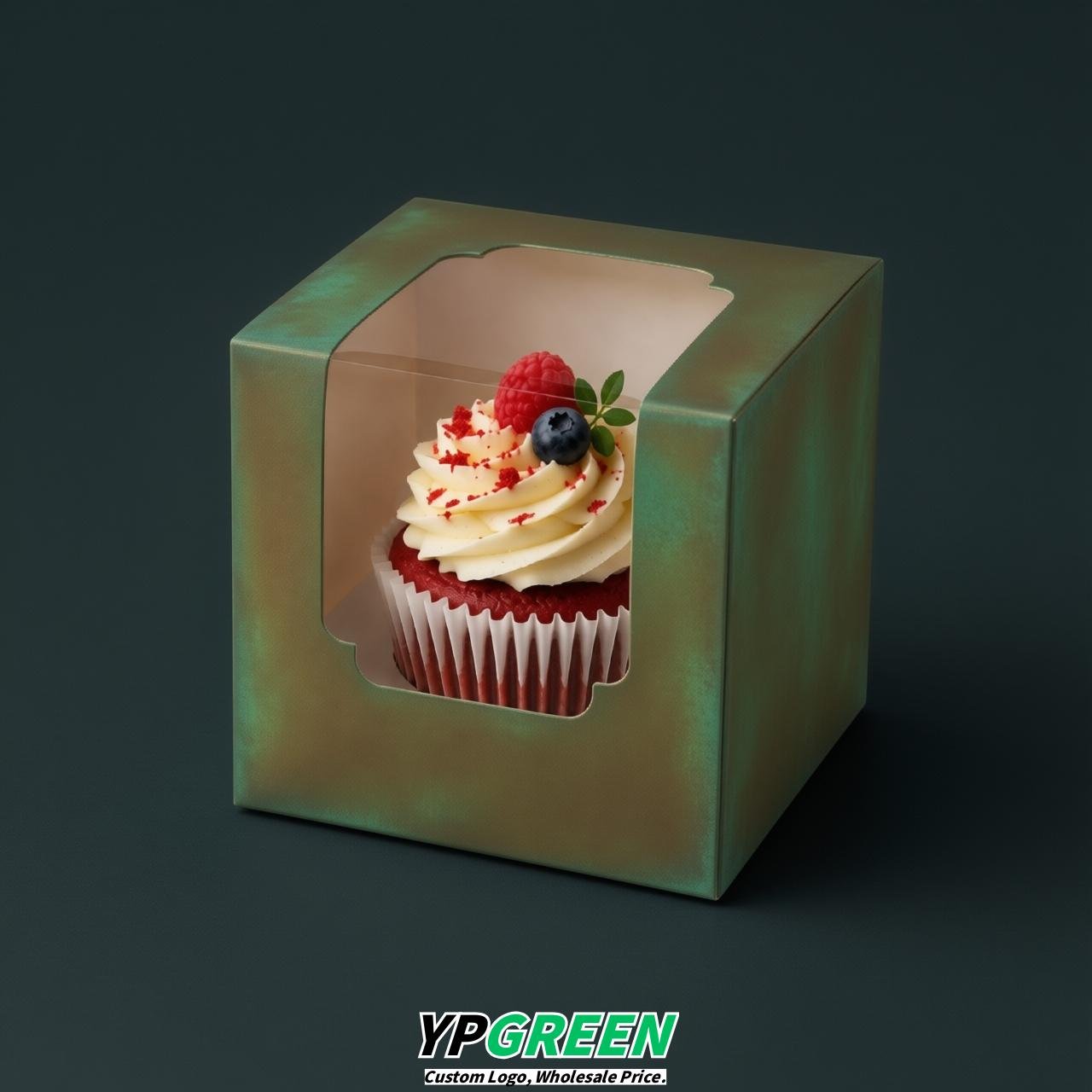 Verdigris Individual 3.5 inches Square Paper Cupcake Box Containers with Windows & Inserts