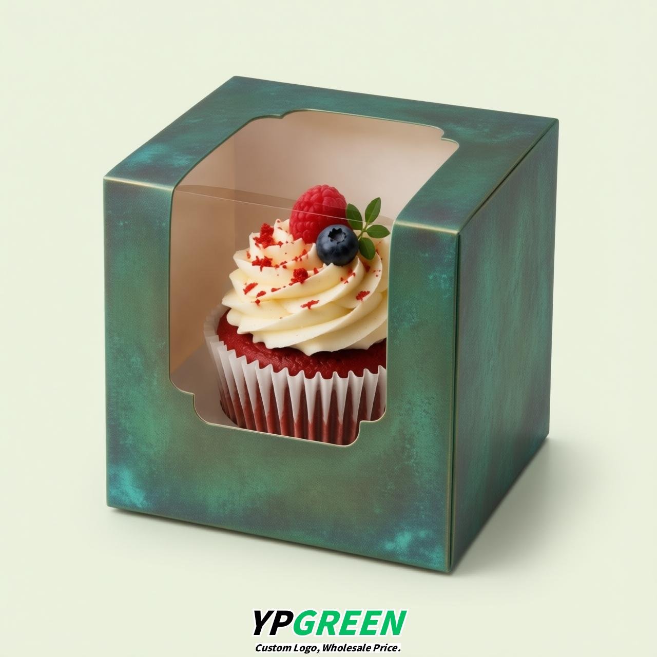 Verdigris Individual 3.5 inches Square Paper Cupcake Box Containers with Windows & Inserts