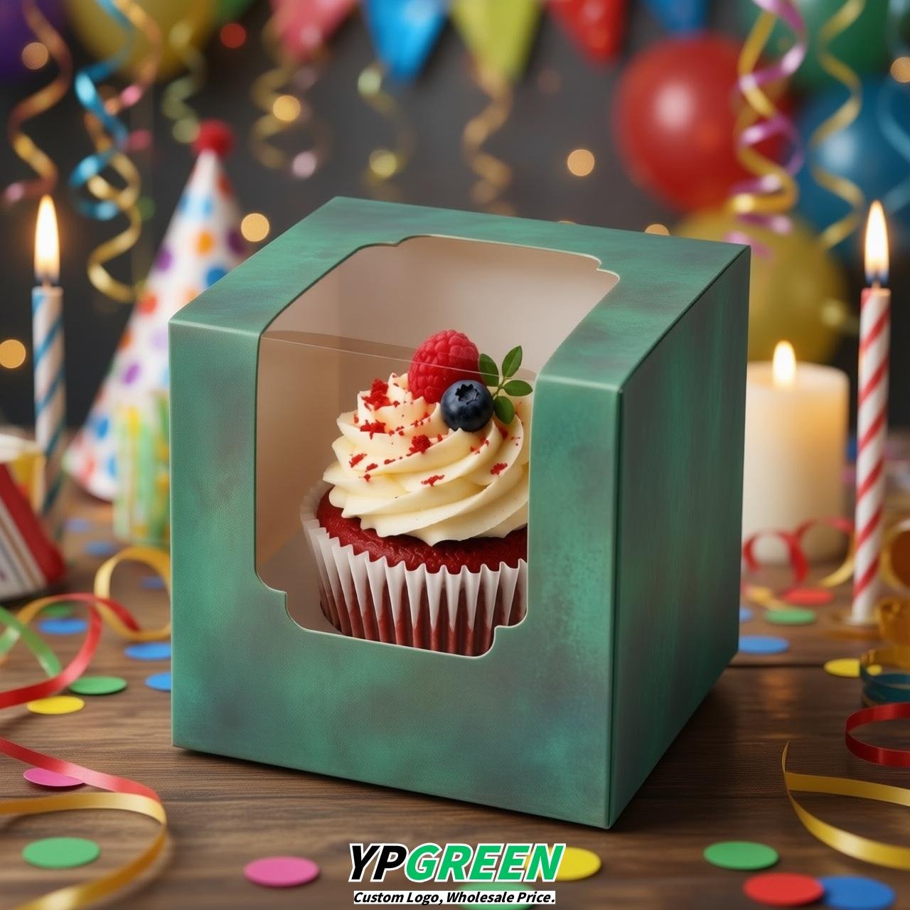 Verdigris Individual 3.5 inches Square Paper Cupcake Box Containers with Windows & Inserts
