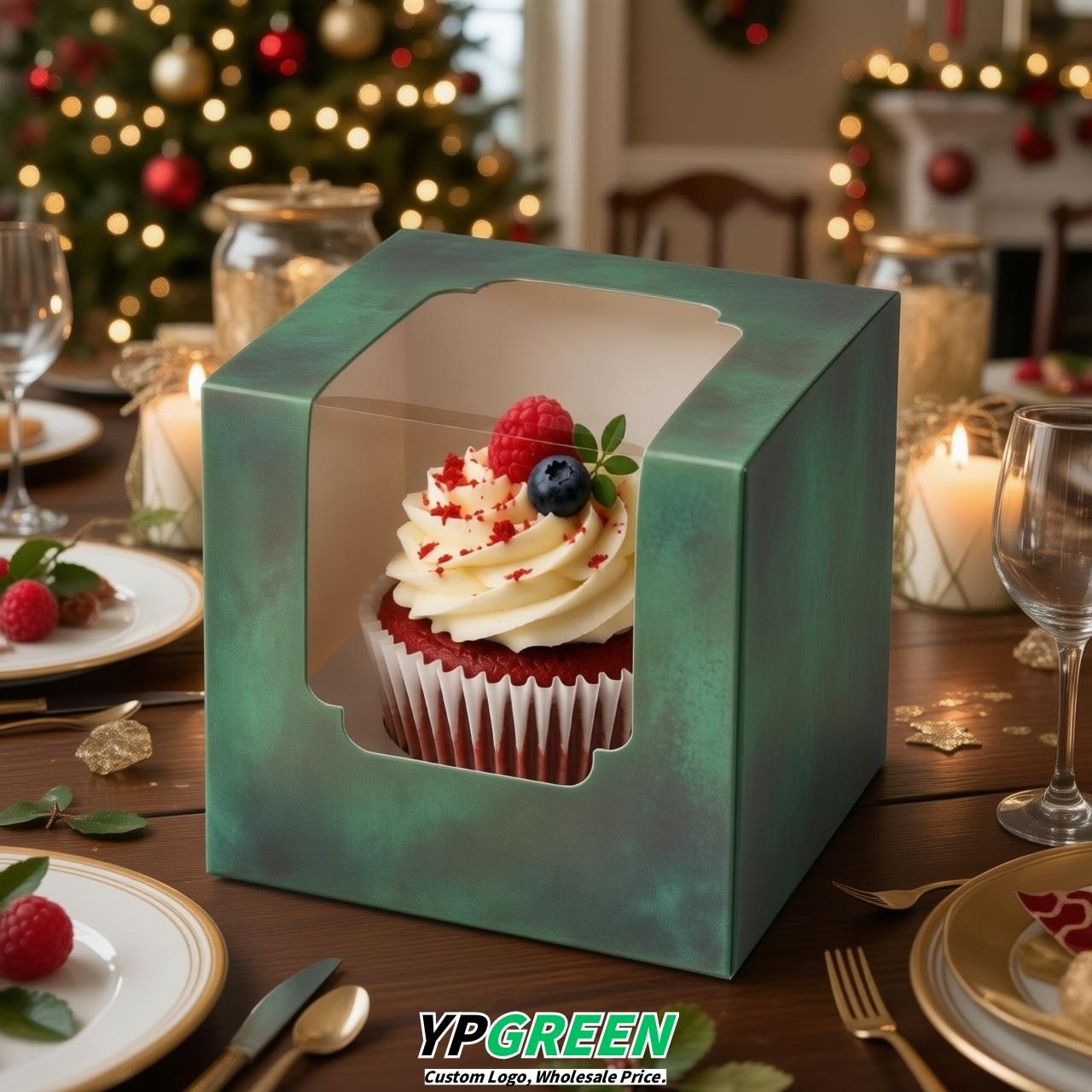 Verdigris Individual 3.5 inches Square Paper Cupcake Box Containers with Windows & Inserts