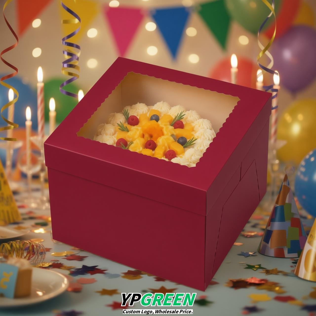 Vermilion 10 & 12 inches Tall Cake Box with Window - Square Cardboard Cake Box