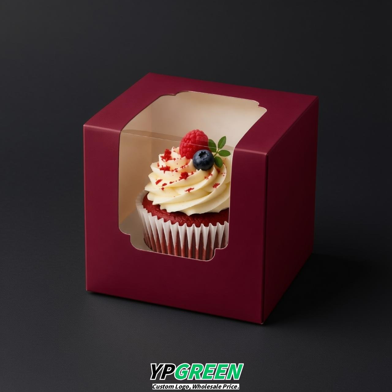 Vermilion Individual 3.5 inches Square Paper Cupcake Box Containers with Windows & Inserts