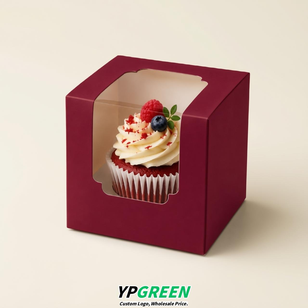 Vermilion Individual 3.5 inches Square Paper Cupcake Box Containers with Windows & Inserts