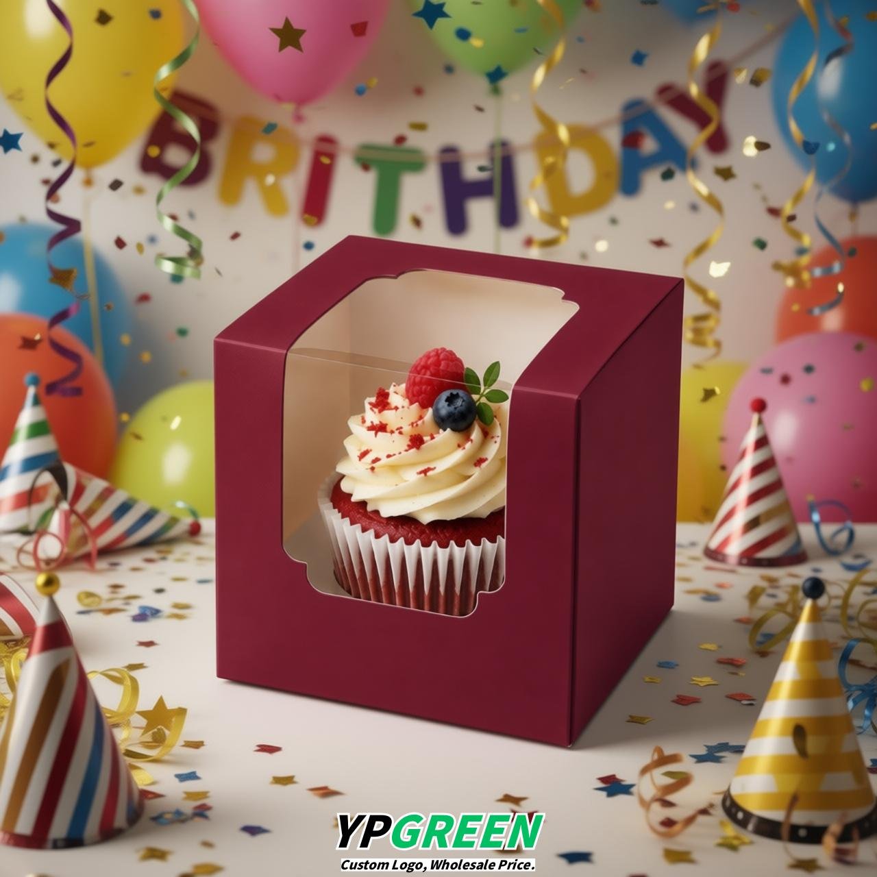 Vermilion Individual 3.5 inches Square Paper Cupcake Box Containers with Windows & Inserts