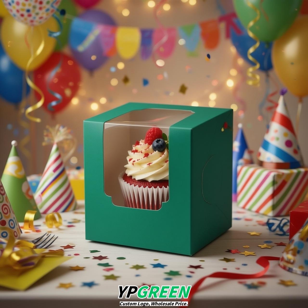 Viridian Individual 3.5 inches Square Paper Cupcake Box Containers with Windows & Inserts