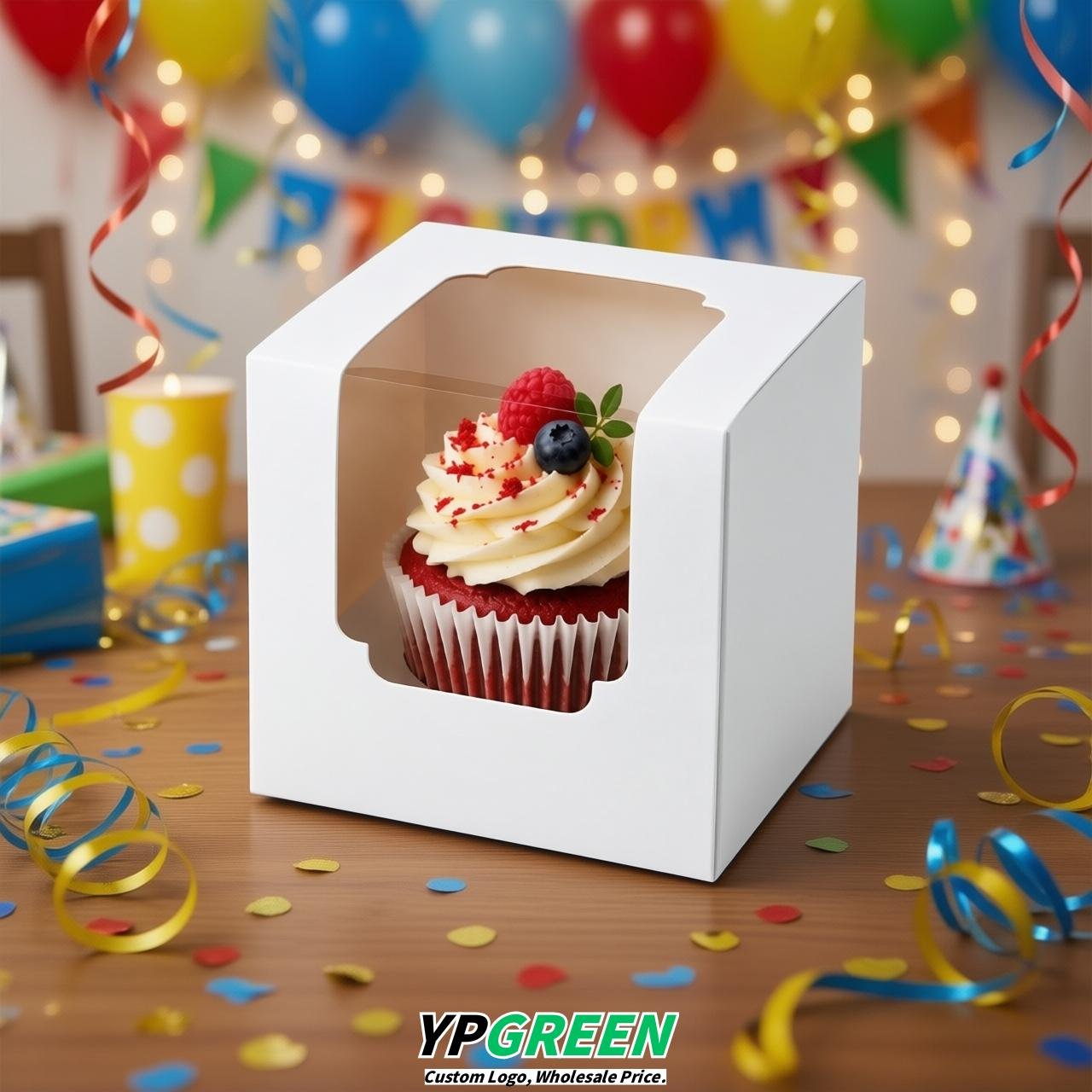 White Individual 3.5 inches Square Paper Cupcake Box Containers with Windows & Inserts