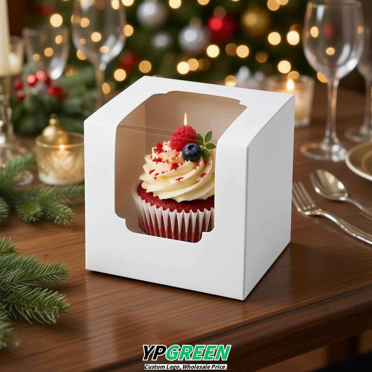 White Individual 3.5 inches Square Paper Cupcake Box Containers with Windows & Inserts