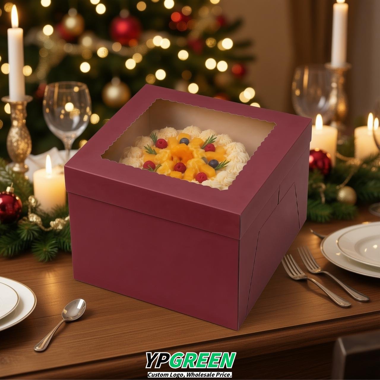 Wine Red 10 & 12 inches Tall Cake Box with Window - Square Cardboard Cake Box