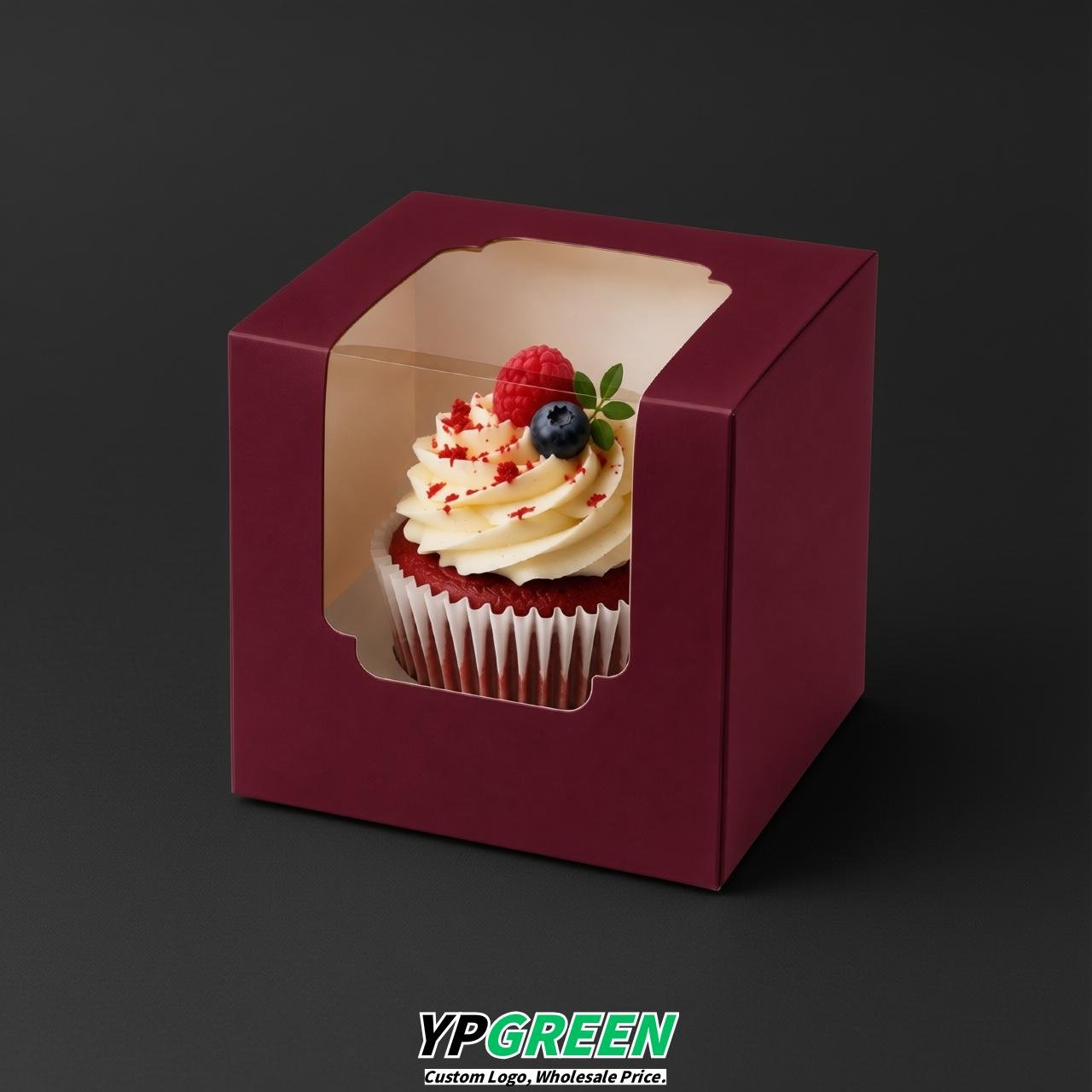 Wine Red Individual 3.5 inches Square Paper Cupcake Box Containers with Windows & Inserts