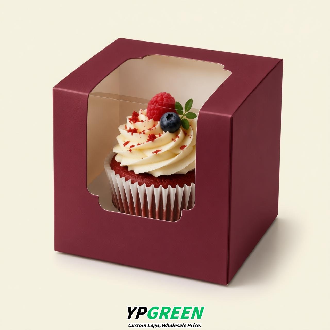 Wine Red Individual 3.5 inches Square Paper Cupcake Box Containers with Windows & Inserts