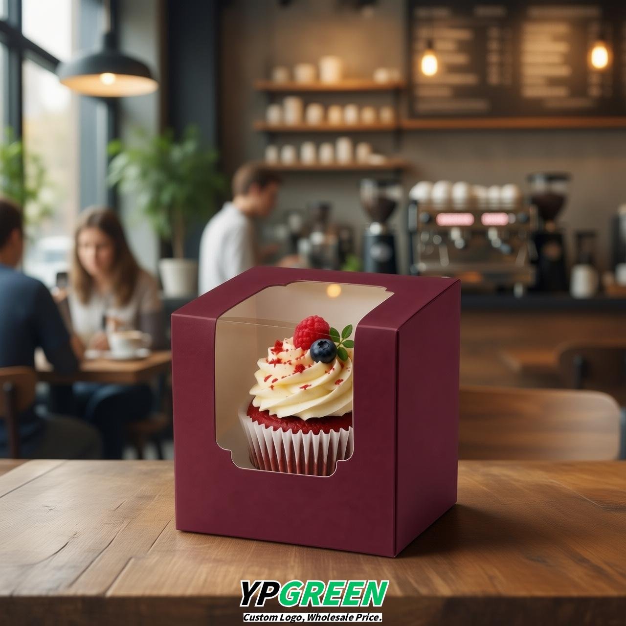 Wine Red Individual 3.5 inches Square Paper Cupcake Box Containers with Windows & Inserts