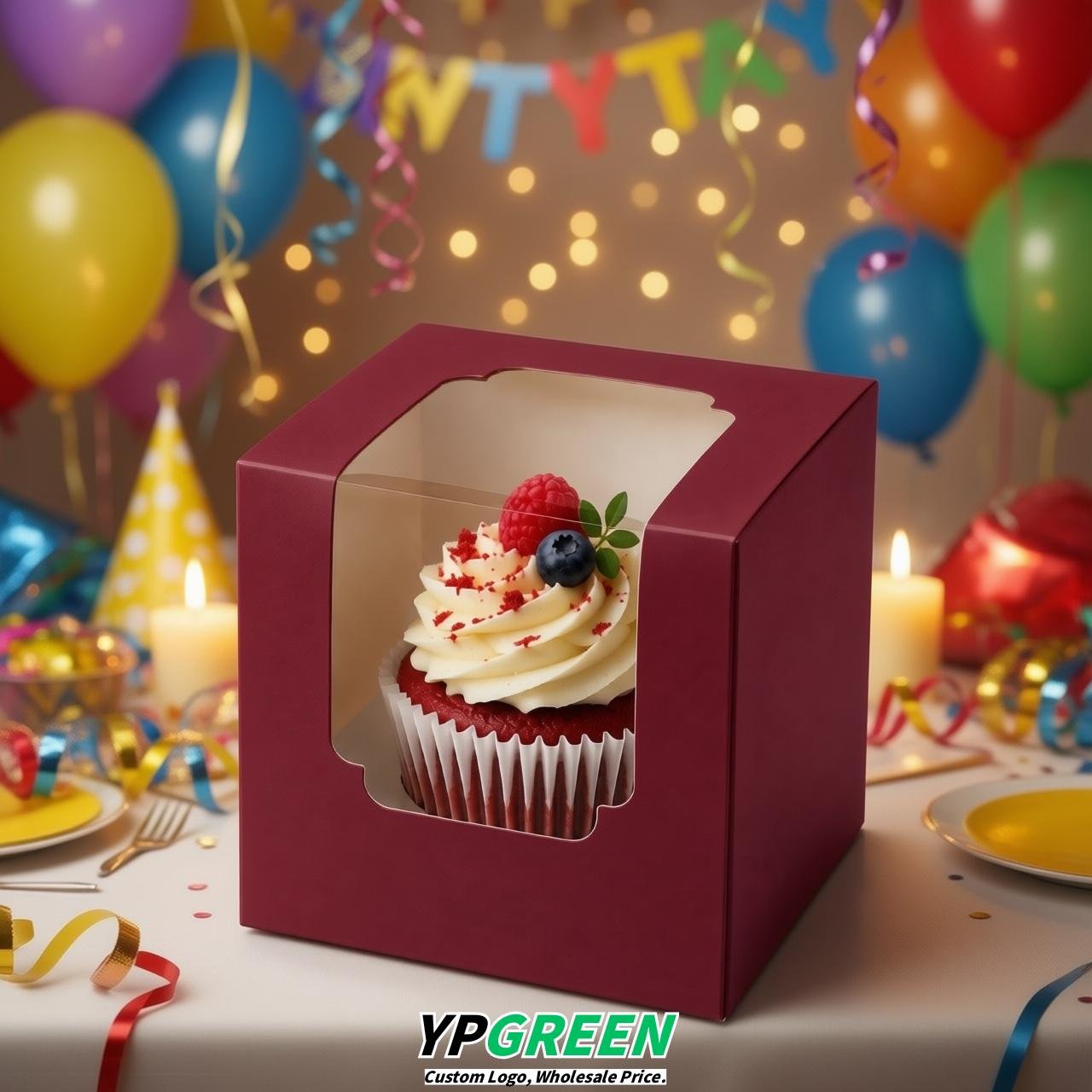 Wine Red Individual 3.5 inches Square Paper Cupcake Box Containers with Windows & Inserts Wine Red Individual 3.5 inches Square Paper Cupcake Box Containers with Windows & Inserts