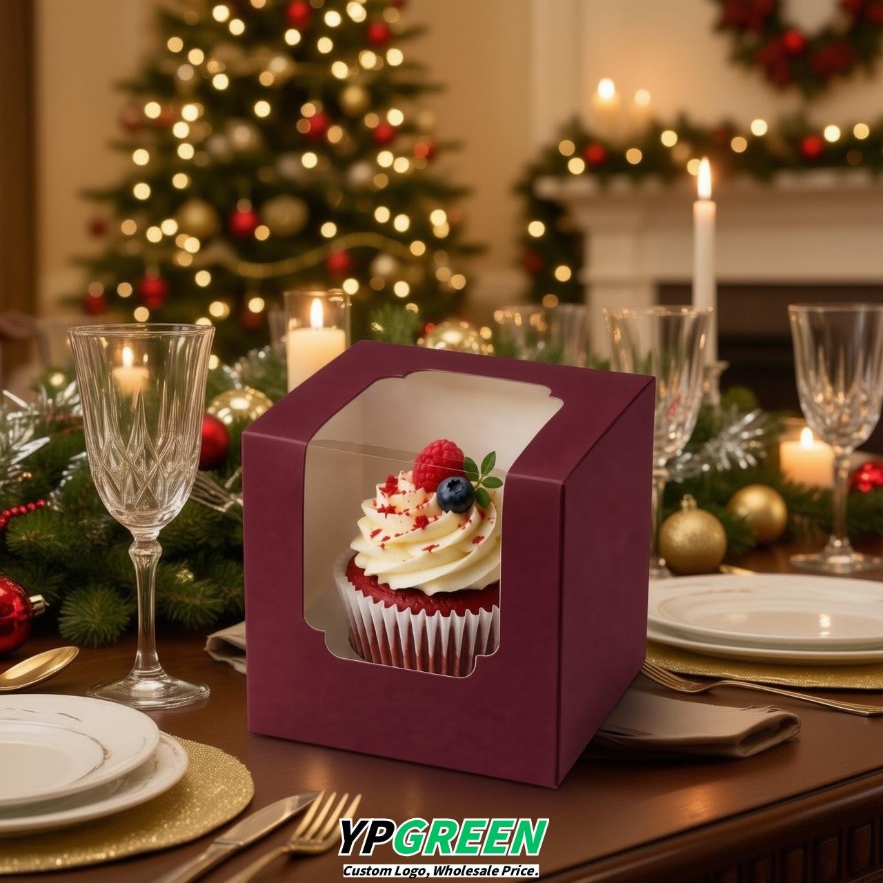 Wine Red Individual 3.5 inches Square Paper Cupcake Box Containers with Windows & Inserts