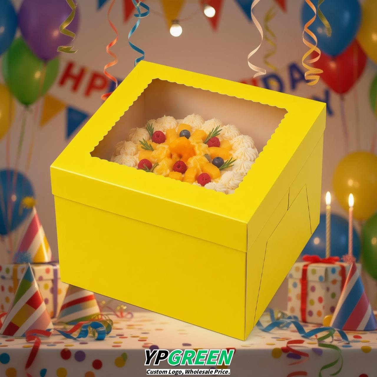 Yellow 10 & 12 inches Tall Cake Box with Window - Square Cardboard Cake Box