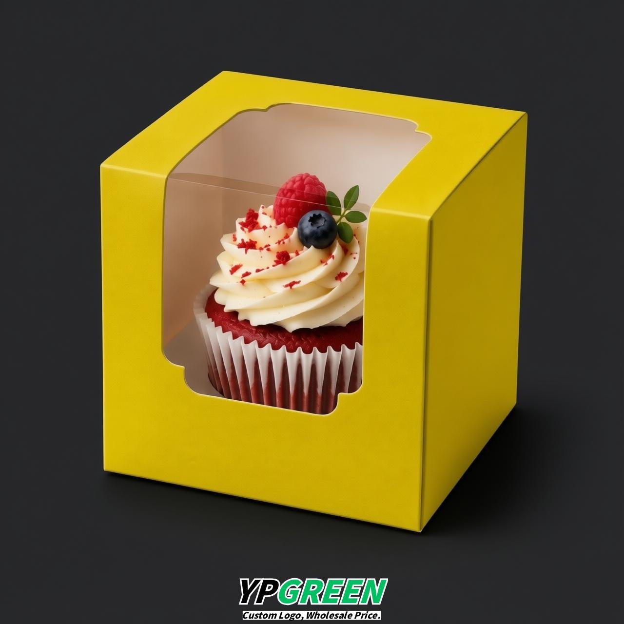 Yellow Individual 3.5 inches Square Paper Cupcake Box Containers with Windows & Inserts