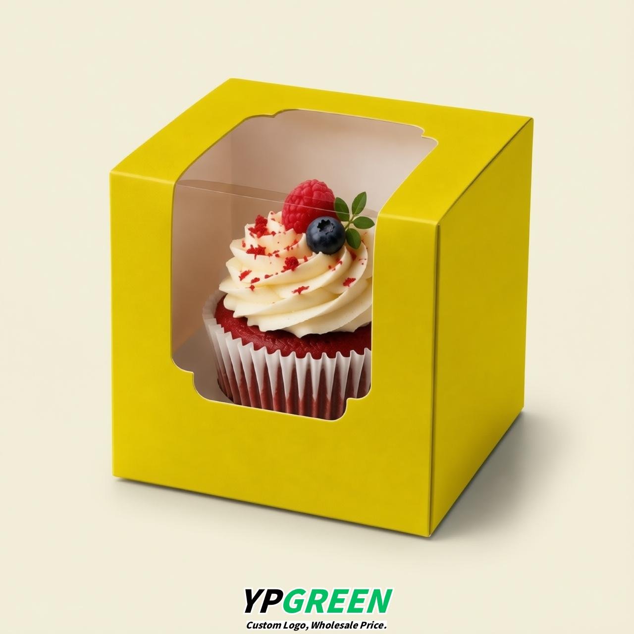 Yellow Individual 3.5 inches Square Paper Cupcake Box Containers with Windows & Inserts