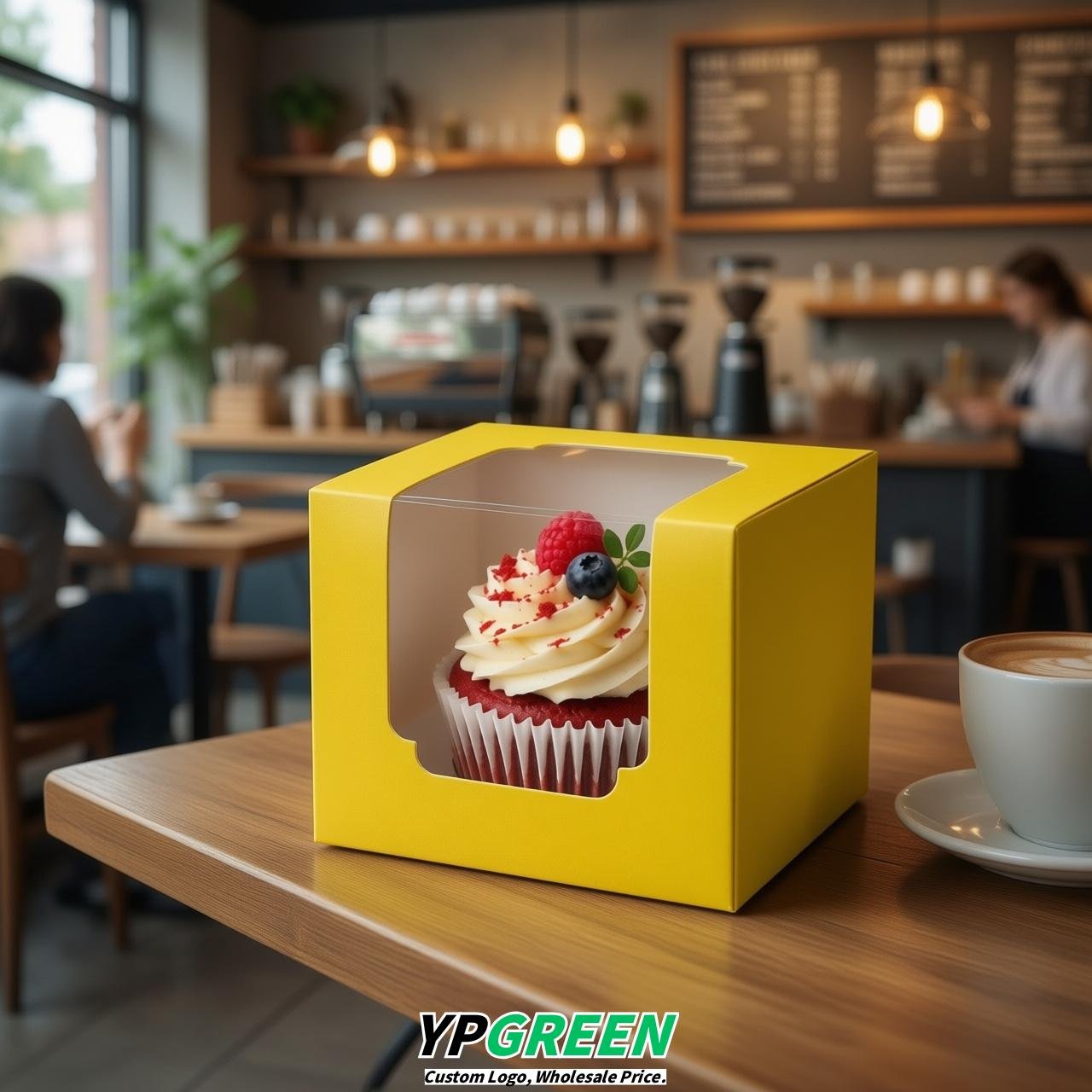 Yellow Individual 3.5 inches Square Paper Cupcake Box Containers with Windows & Inserts