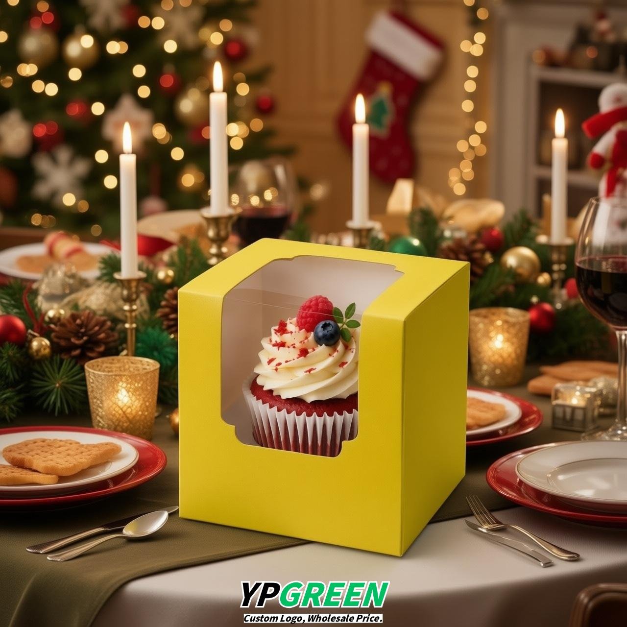 Yellow Individual 3.5 inches Square Paper Cupcake Box Containers with Windows & Inserts
