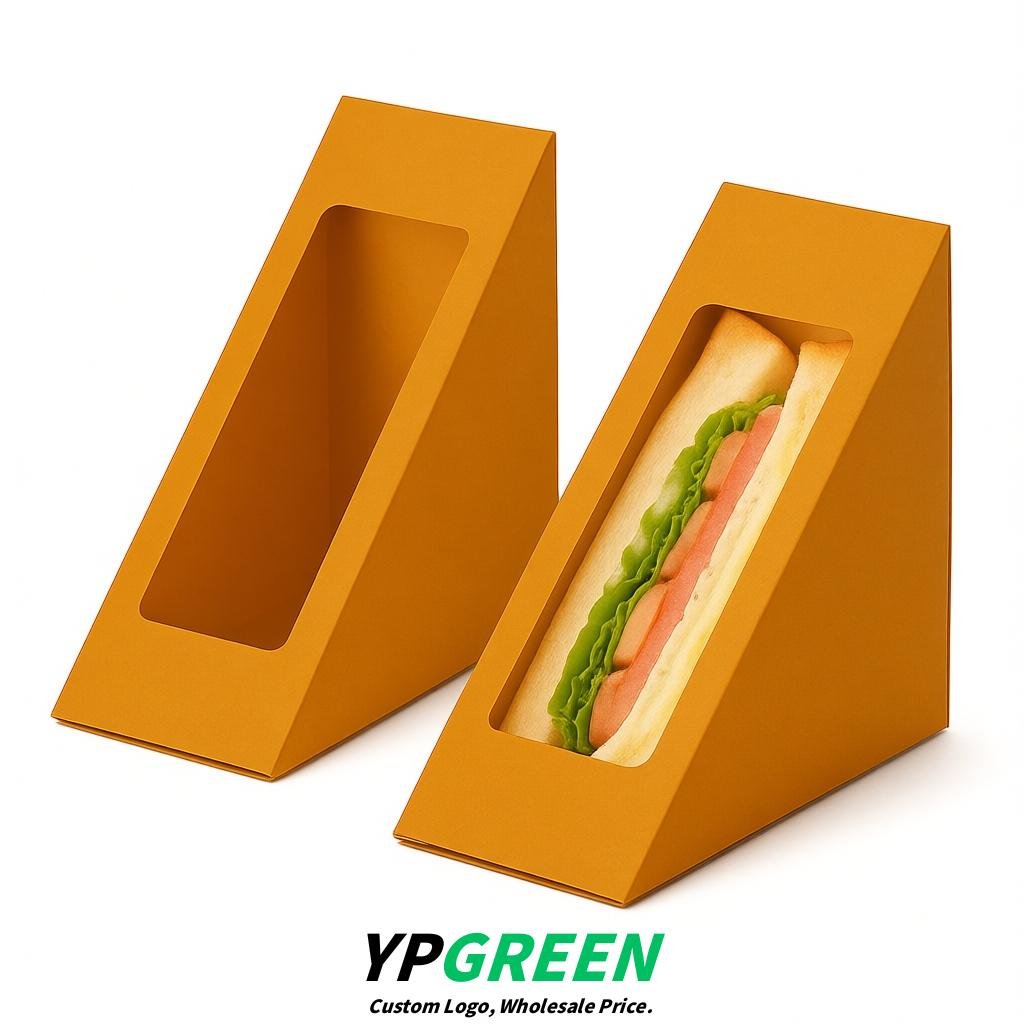 Amber Triangle Paper Sandwich Boxes with Window 4.7x4.7x2.6 Inch - Factory Direct
