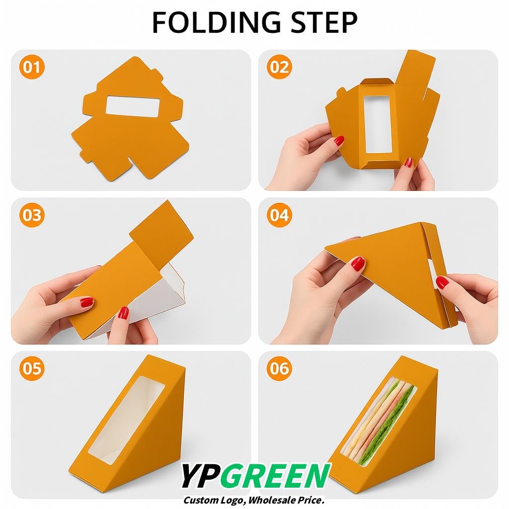 Amber Triangle Paper Sandwich Boxes with Window 4.7x4.7x2.6 Inch - Factory Direct