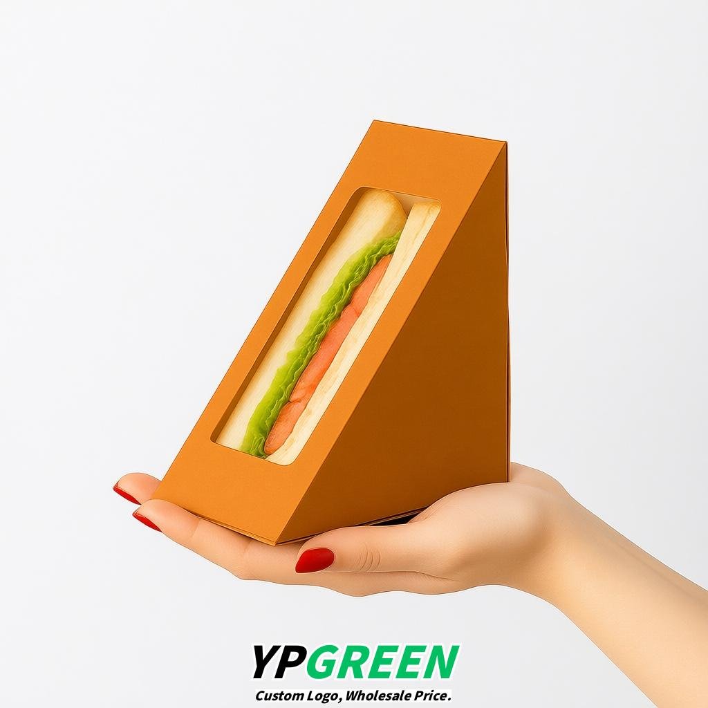 Amber Triangle Paper Sandwich Boxes with Window 4.7x4.7x2.6 Inch - Factory Direct