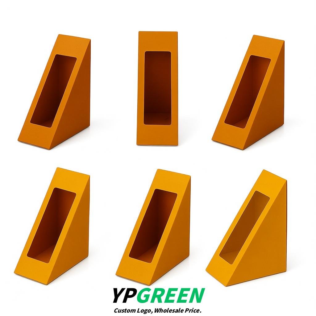 Amber Triangle Paper Sandwich Boxes with Window 4.7x4.7x2.6 Inch - Factory Direct