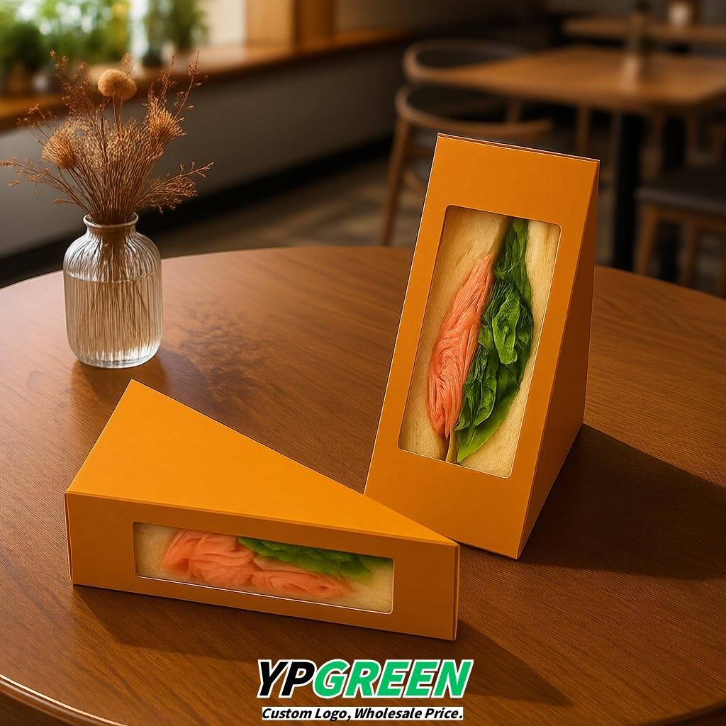 Amber Triangle Paper Sandwich Boxes with Window 4.7x4.7x2.6 Inch - Factory Direct
