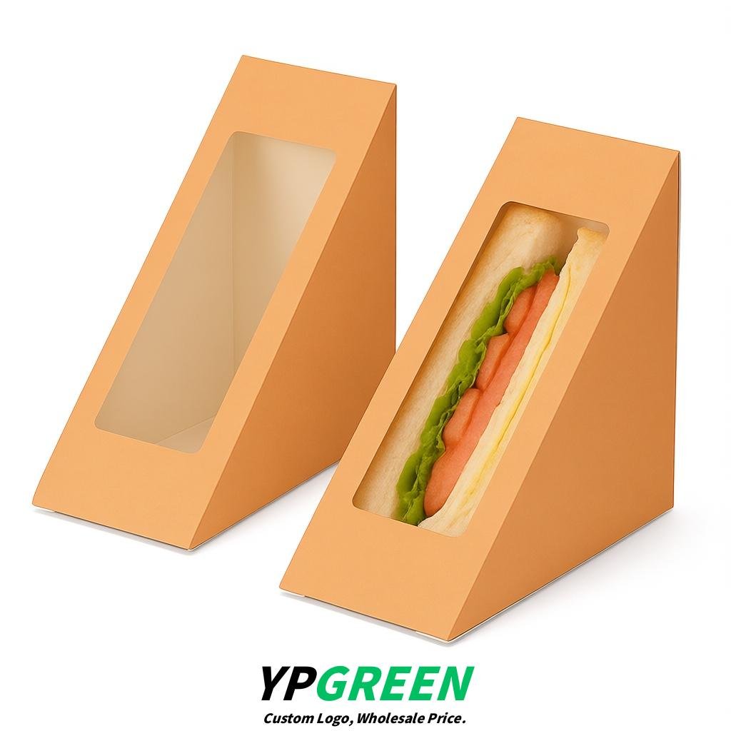 Apricot Triangle Paper Sandwich Boxes with Window 4.7x4.7x2.6 Inch - Factory Direct