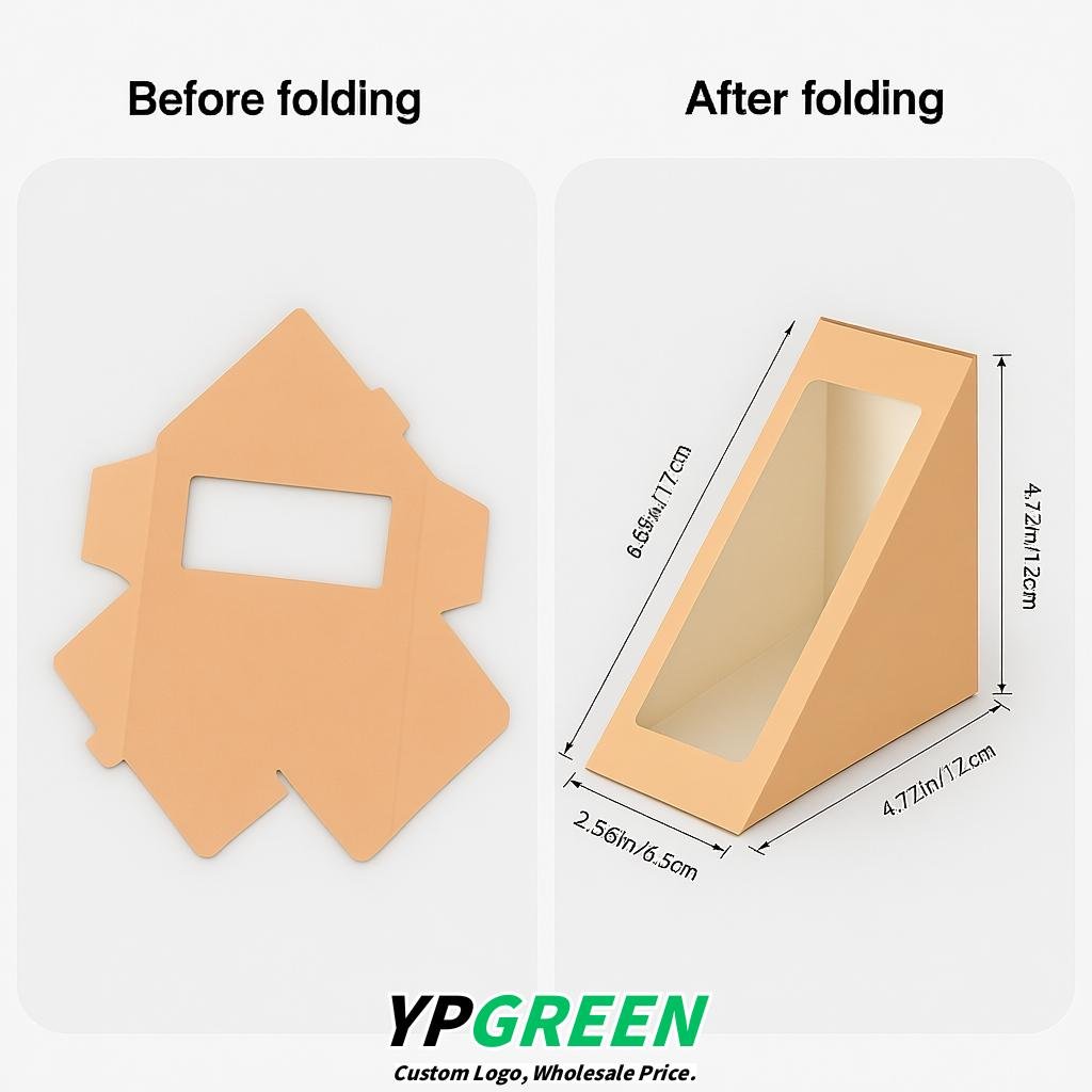Apricot Triangle Paper Sandwich Boxes with Window 4.7x4.7x2.6 Inch - Factory Direct